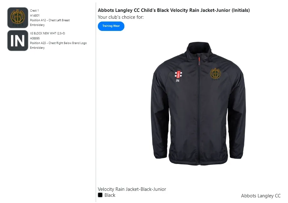 Abbots Langley CC  Child's Black Velocity Rain Jacket-Junior (Initials)