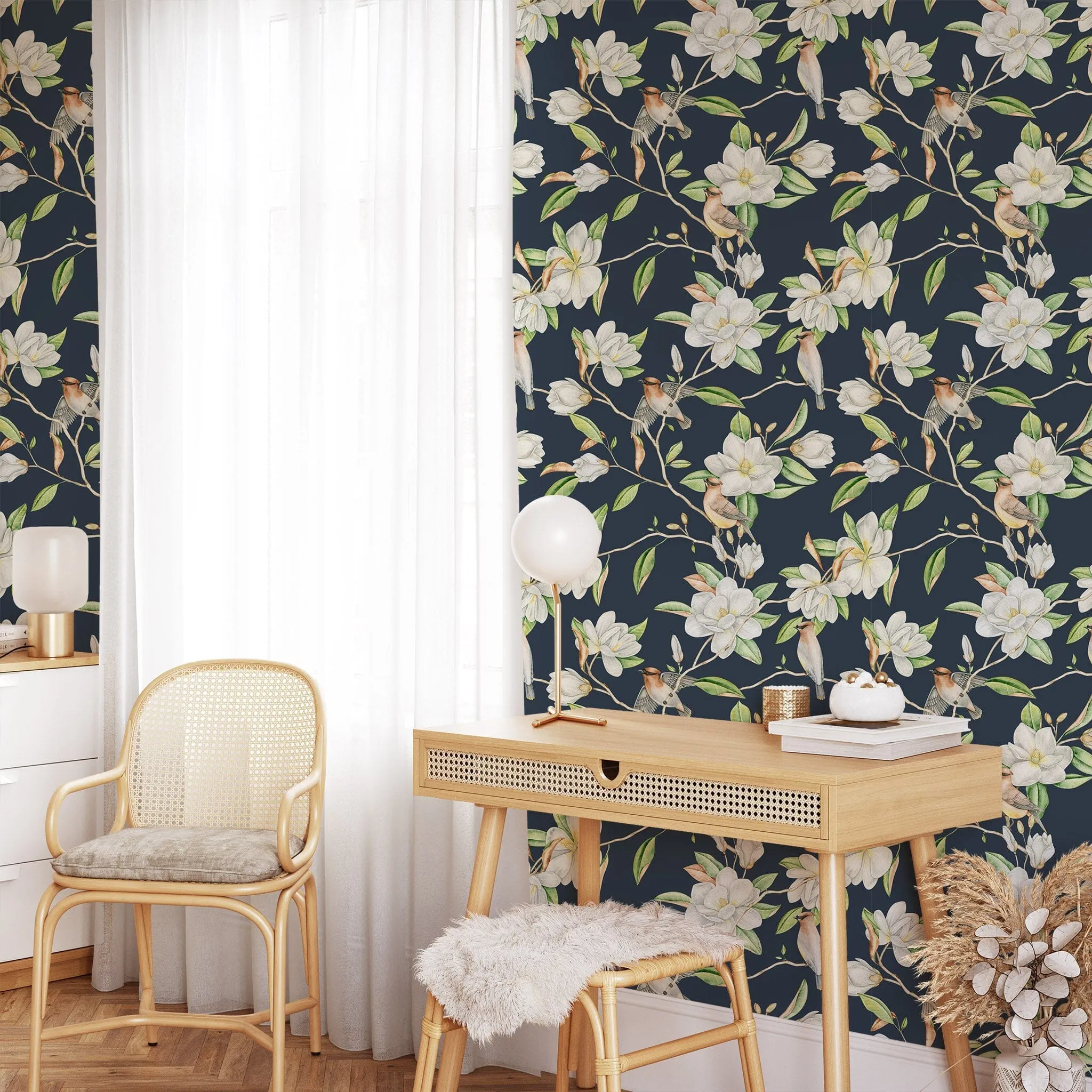 Blooming Magnolia Flowers Wallpaper on Blue Background