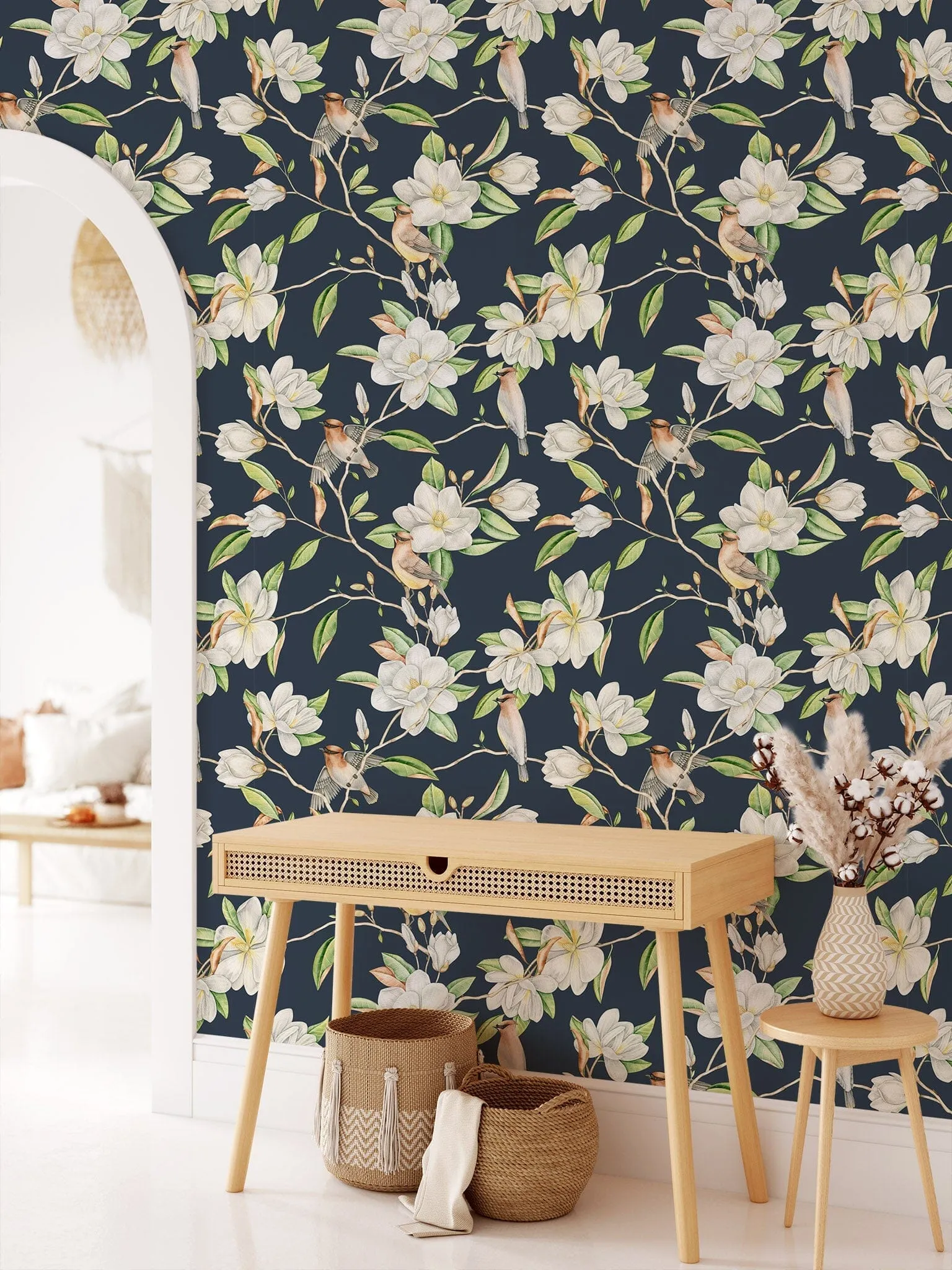 Blooming Magnolia Flowers Wallpaper on Blue Background