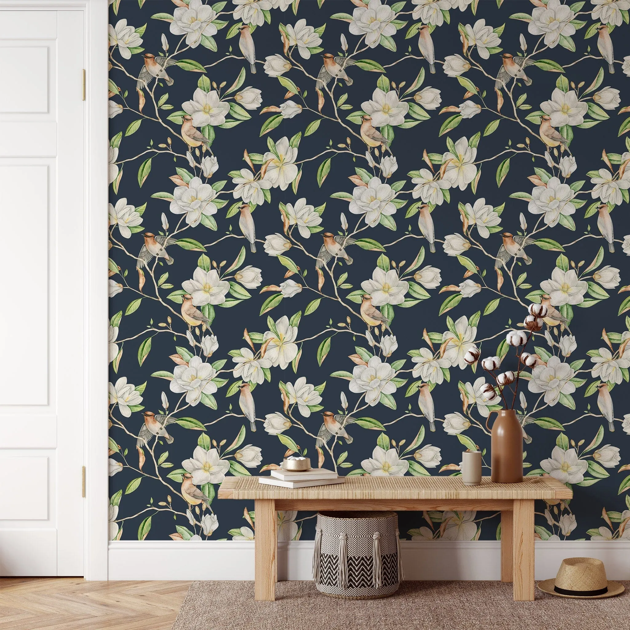 Blooming Magnolia Flowers Wallpaper on Blue Background