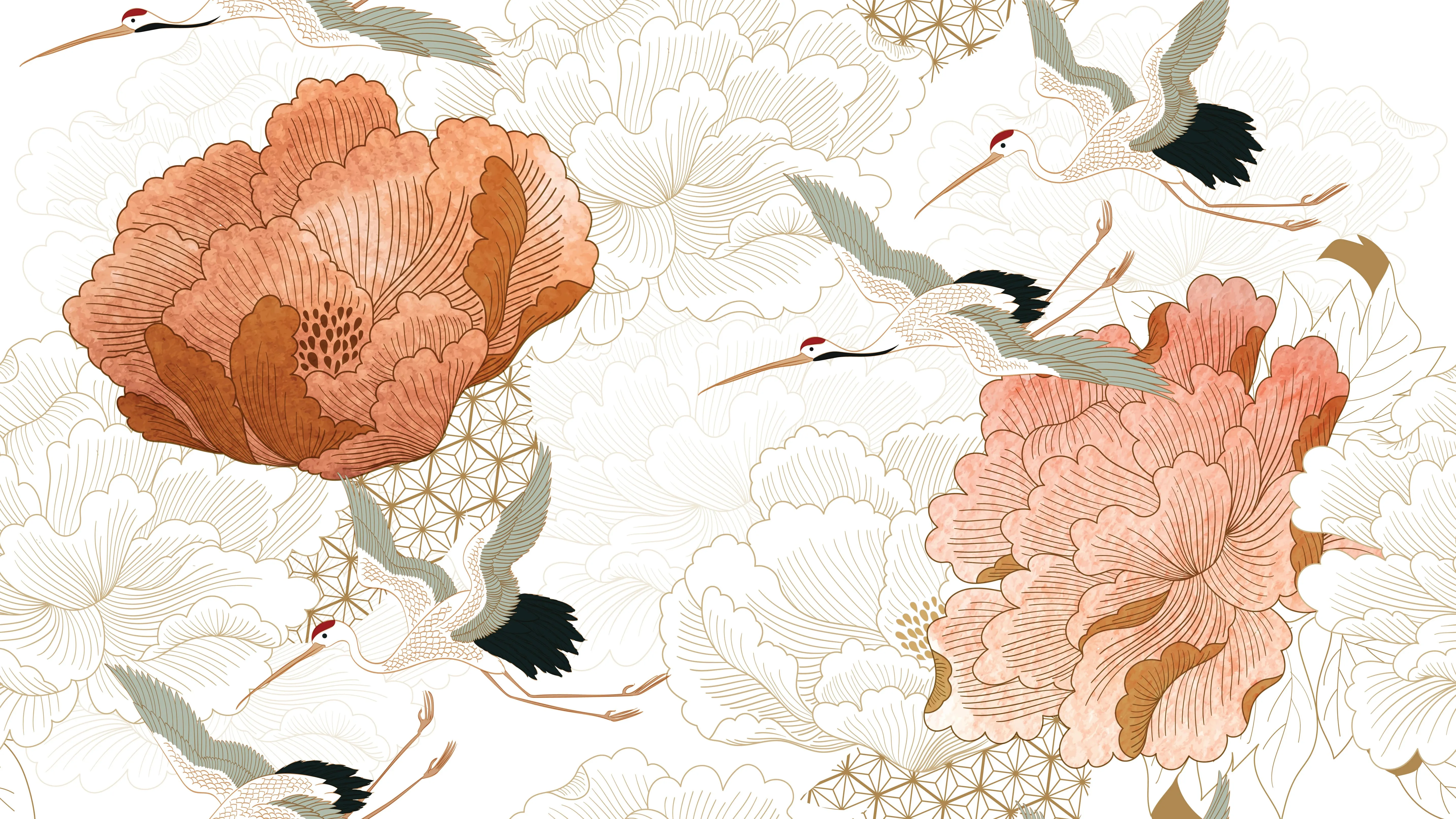 Crane Mural Wallpaper - Japanese Floral Wallpaper Mural - Vintage Peel and Stick Wallpaper