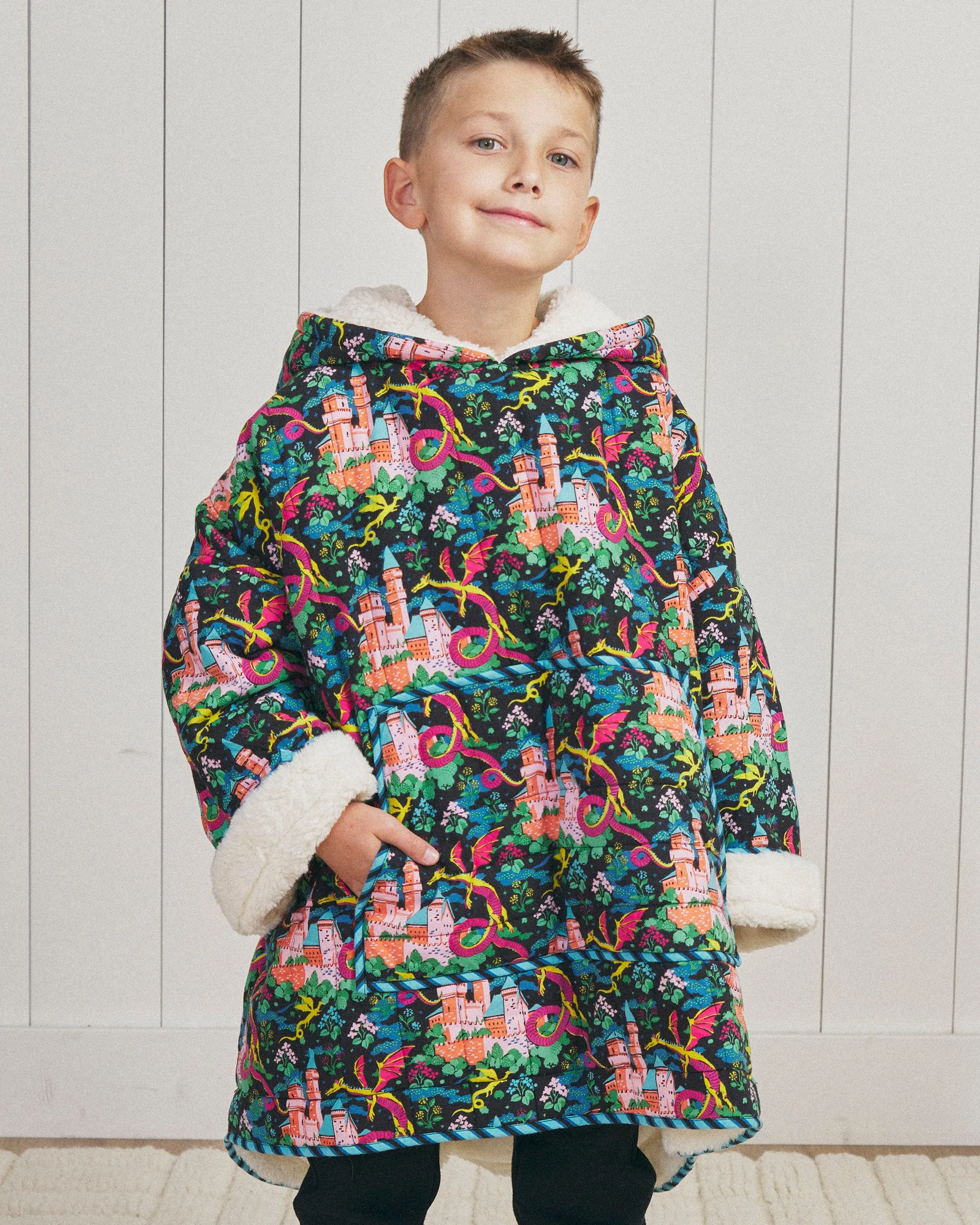 Dragon Dreams - Youth Quilted Sherpa Poncho - Chalkboard