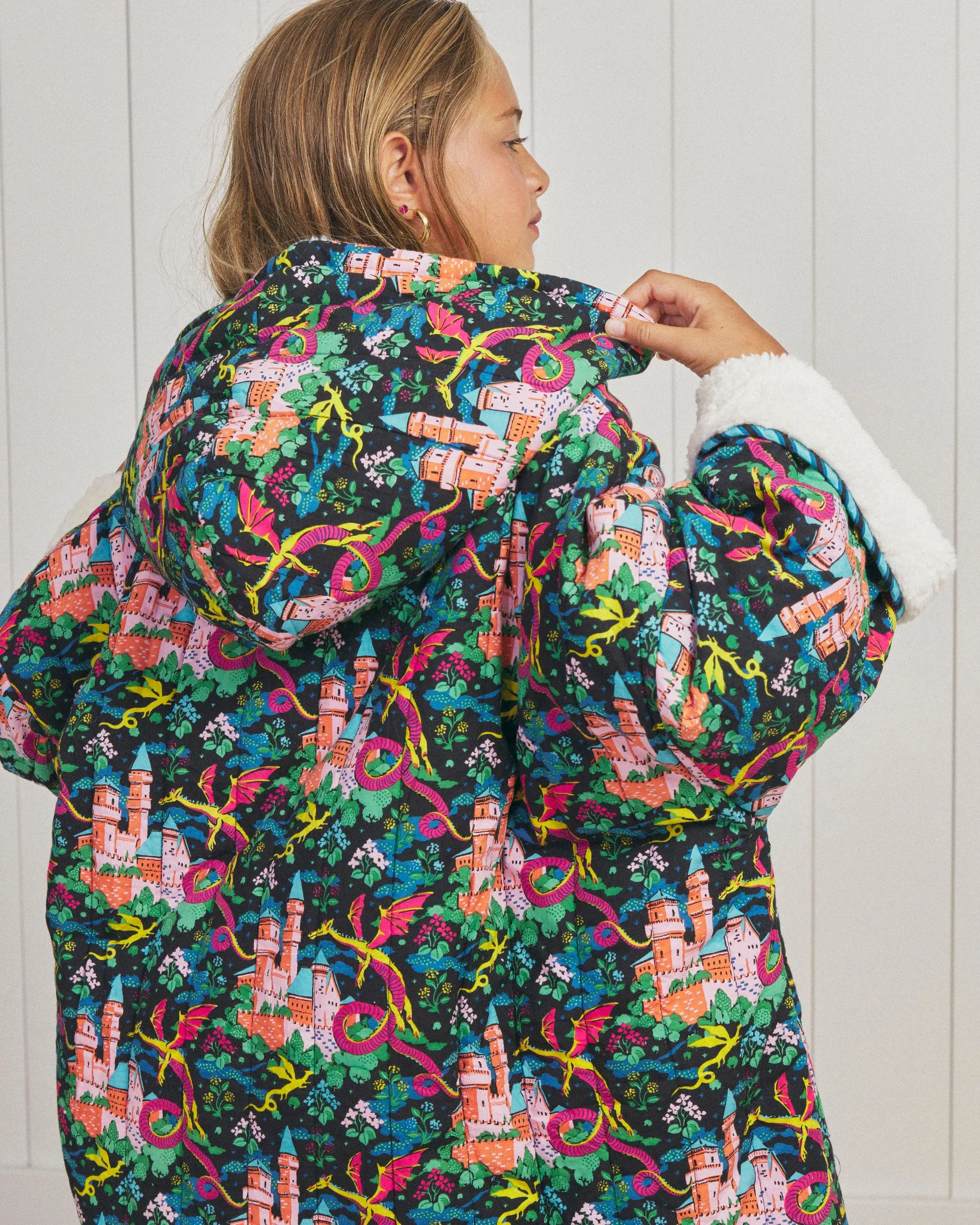 Dragon Dreams - Youth Quilted Sherpa Poncho - Chalkboard