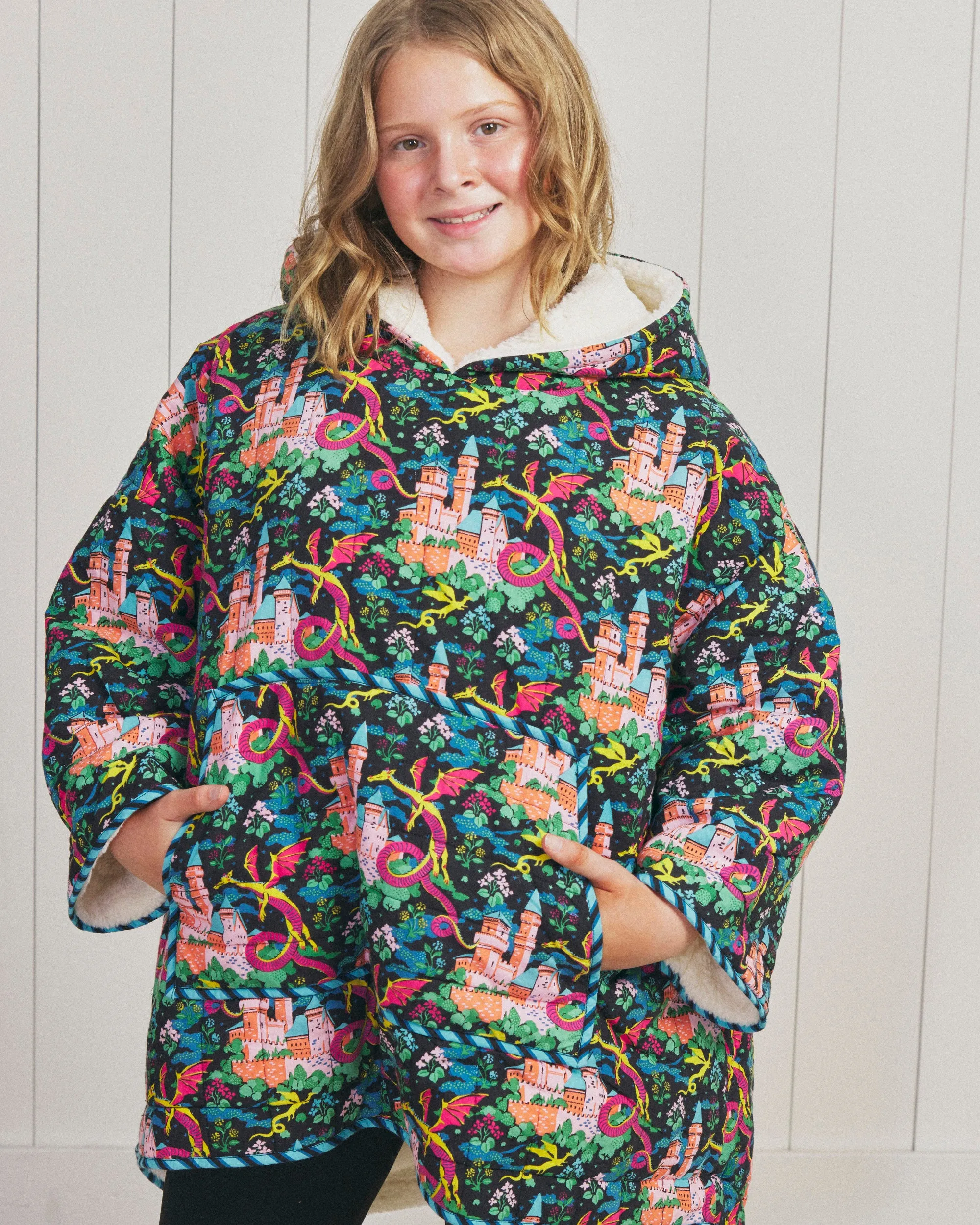 Dragon Dreams - Youth Quilted Sherpa Poncho - Chalkboard