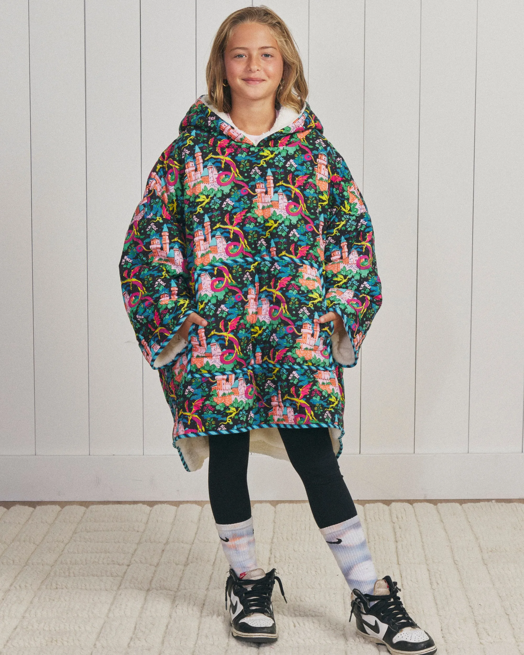 Dragon Dreams - Youth Quilted Sherpa Poncho - Chalkboard