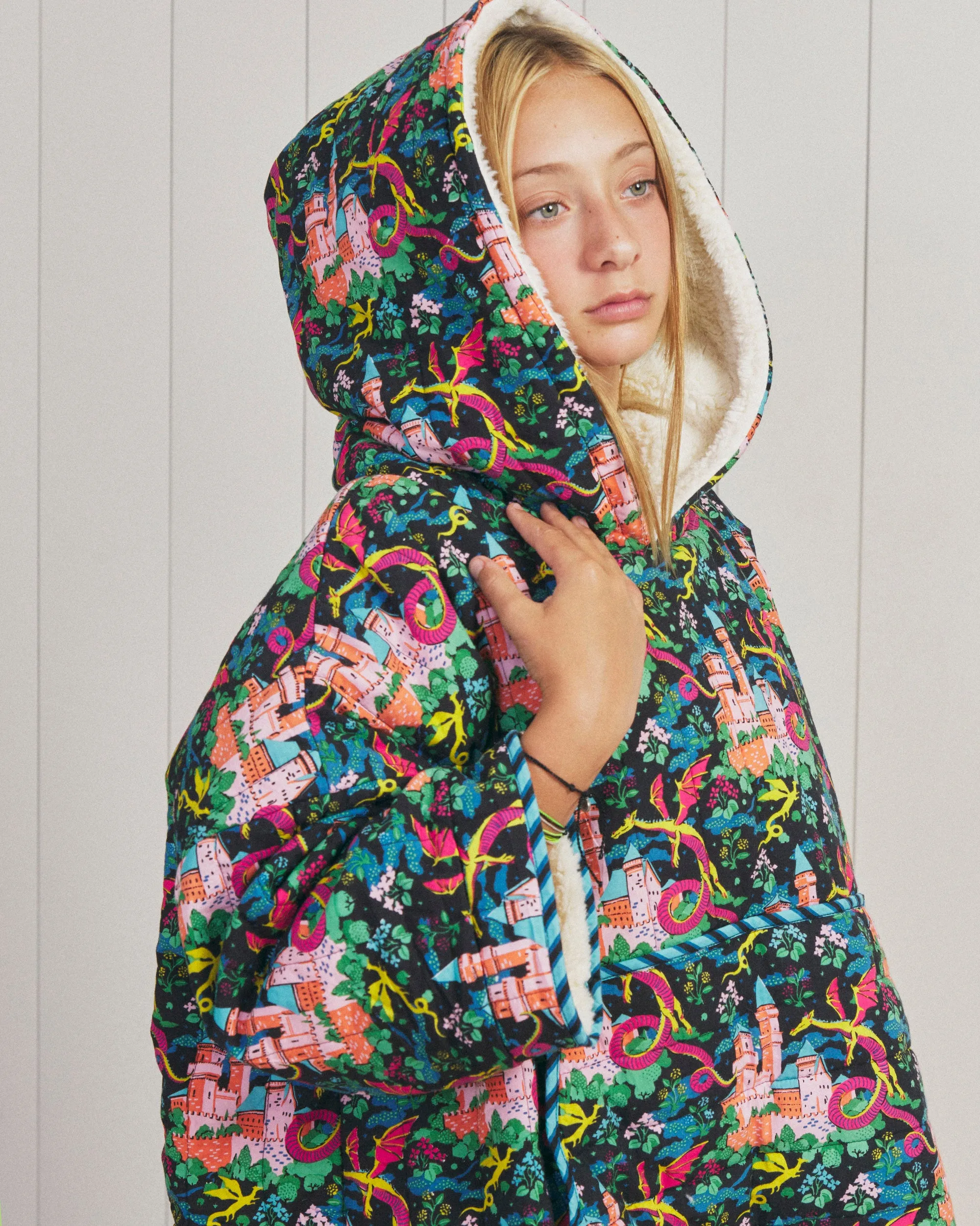Dragon Dreams - Youth Quilted Sherpa Poncho - Chalkboard