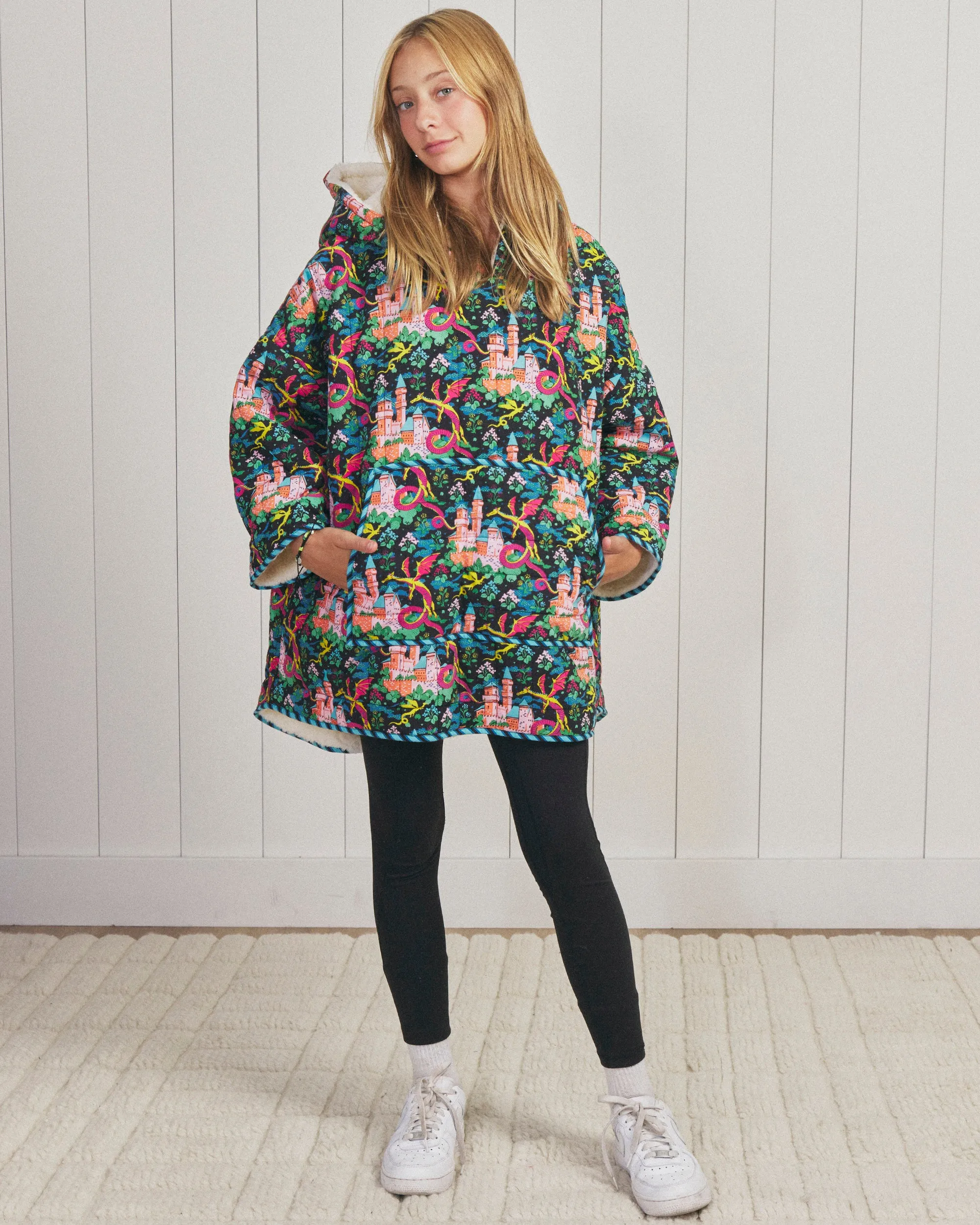 Dragon Dreams - Youth Quilted Sherpa Poncho - Chalkboard