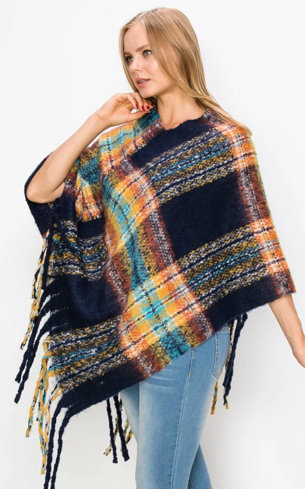 PA3125 / AV432 Plaid Pattern Comfy Soft Poncho w/Tassel