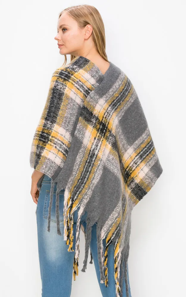 PA3125 / AV432 Plaid Pattern Comfy Soft Poncho w/Tassel