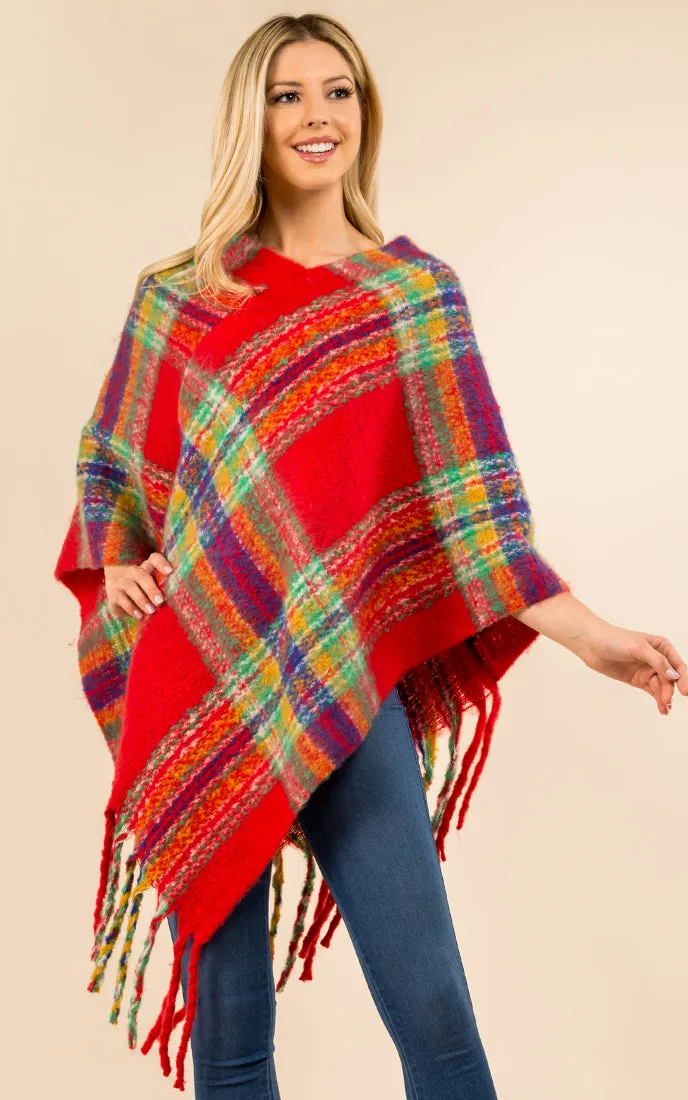 PA3125 / AV432 Plaid Pattern Comfy Soft Poncho w/Tassel