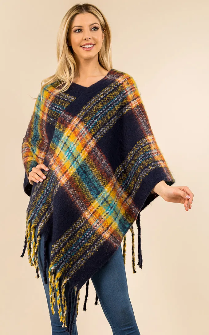 PA3125 / AV432 Plaid Pattern Comfy Soft Poncho w/Tassel