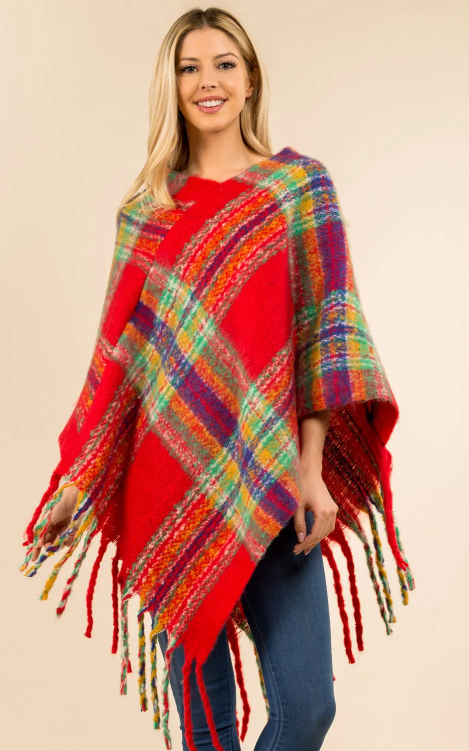 PA3125 / AV432 Plaid Pattern Comfy Soft Poncho w/Tassel
