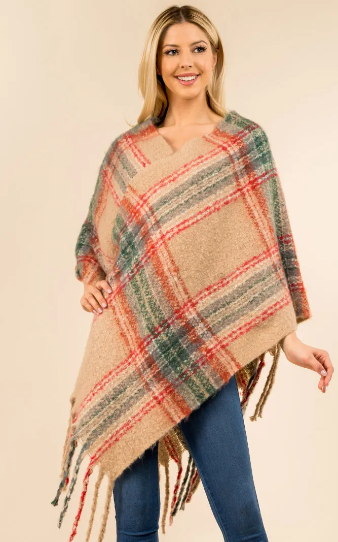 PA3125 / AV432 Plaid Pattern Comfy Soft Poncho w/Tassel