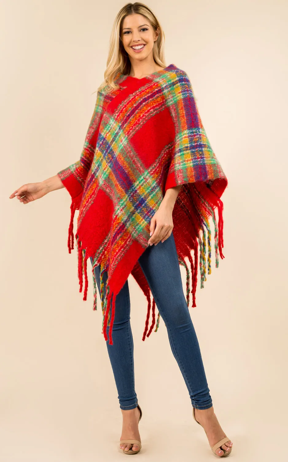 PA3125 / AV432 Plaid Pattern Comfy Soft Poncho w/Tassel