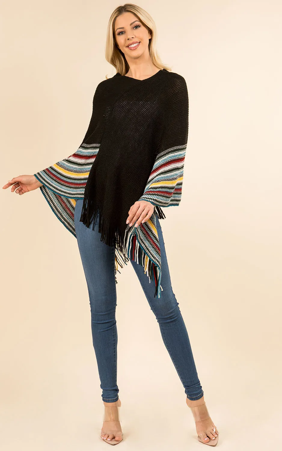 PA3757 Soft Multi Color Poncho with Tassel