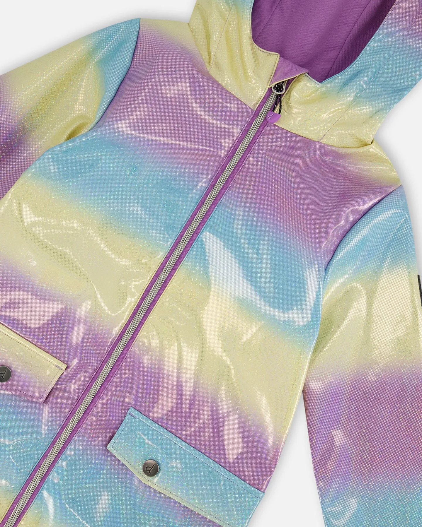 Printed Rain Coat With Hat Mauve Blue And Yellow Glitter Gradient