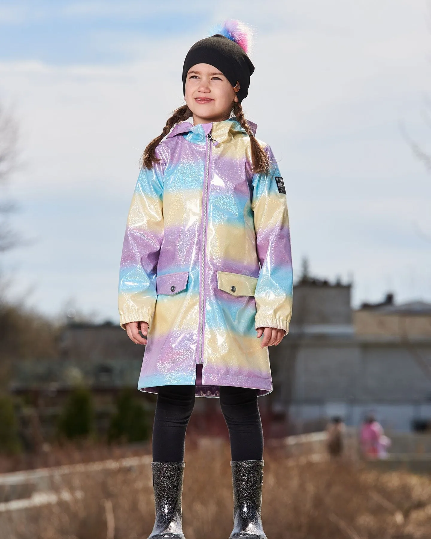 Printed Rain Coat With Hat Mauve Blue And Yellow Glitter Gradient