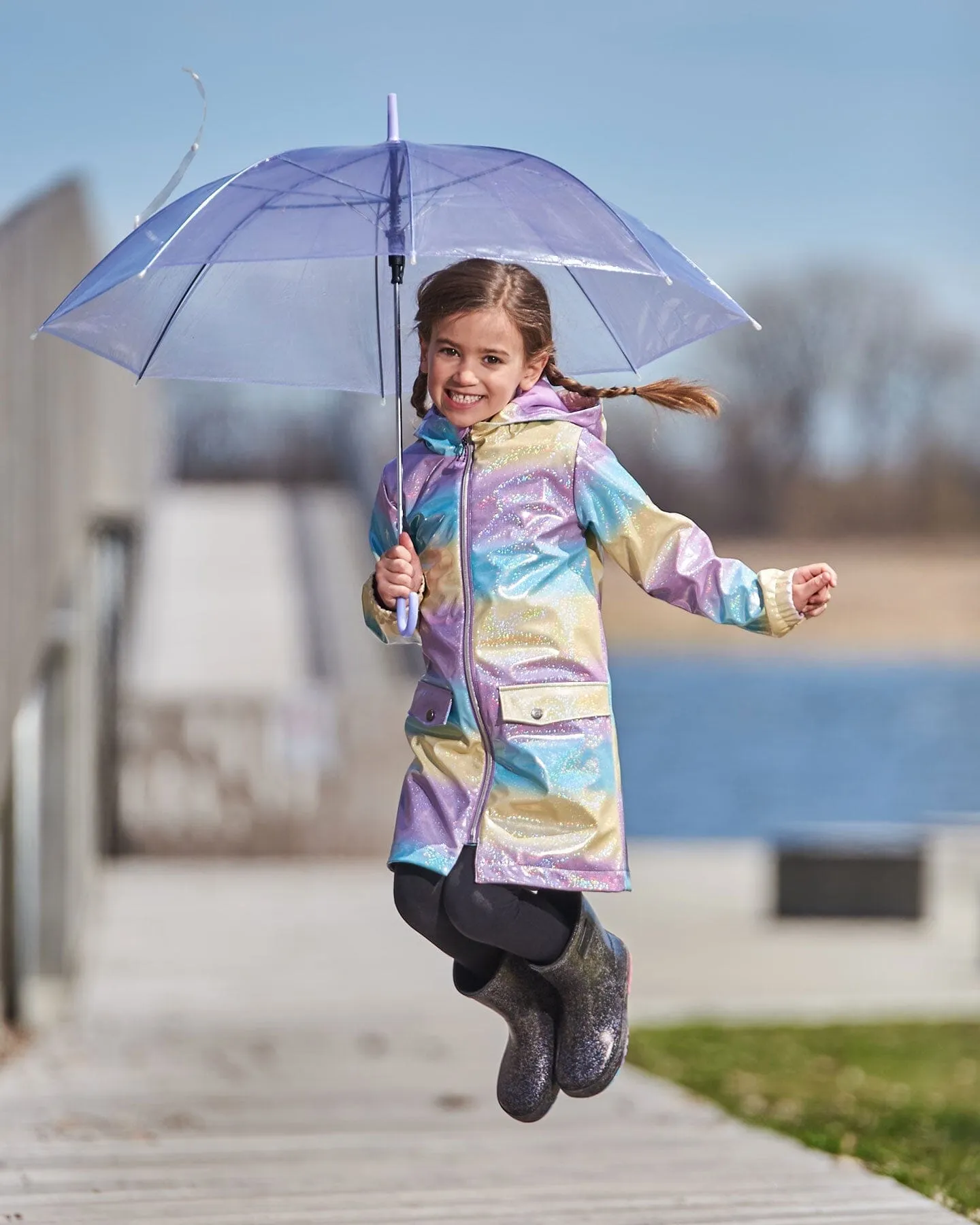 Printed Rain Coat With Hat Mauve Blue And Yellow Glitter Gradient